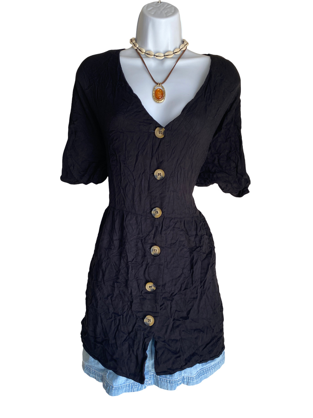 VTG Cisos Size 10 Black Boho Babydoll Front V Neck Tunic Blouse Whimsigoth Goth